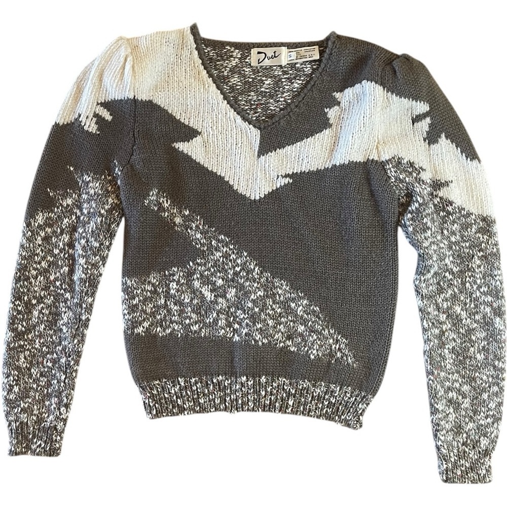 Gray and White V-Neck Sweater